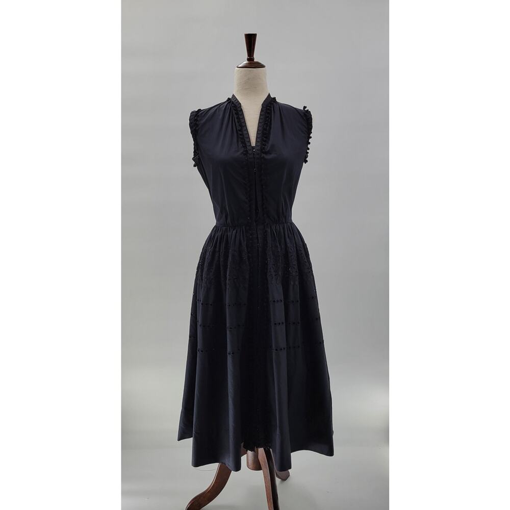 VTG Carlye‎ Poplin Eyelet Dress Navy Embroidered Lace Glass Buttons A-Line